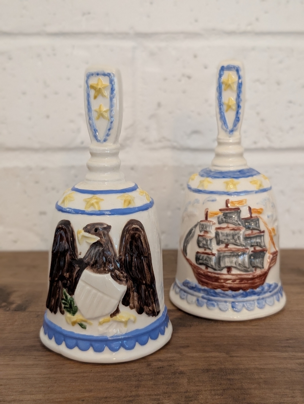 Set Of‎ 2 Vintage Hand Painted Hand Bells - Nautical American Themed 3 Mast Ship